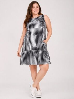 Tommy Hilfiger Gingham Shift Dress Sleeveless Ruffle Hem Seersucker Size 14